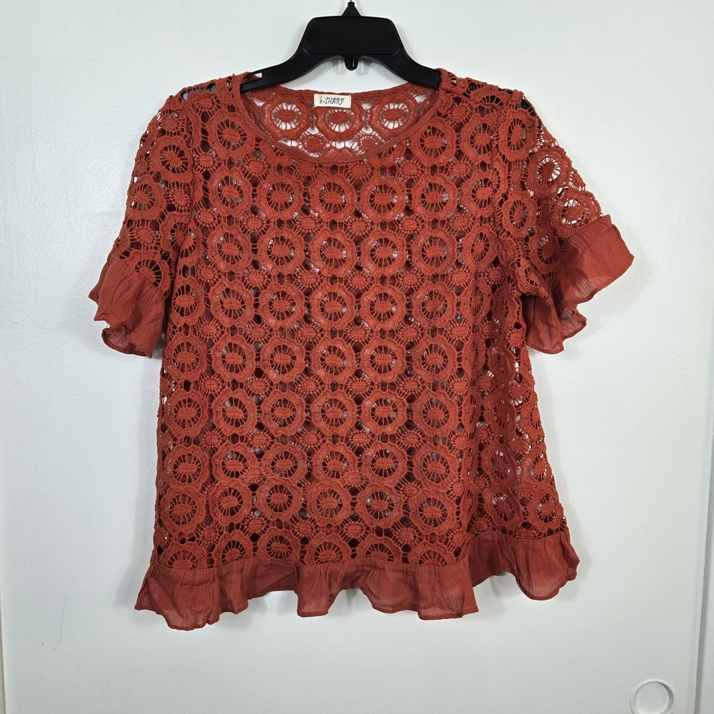 b-Sharp Womens Rust Orange Crochet Ruffle Grannycore Oversized Top Small Fairy